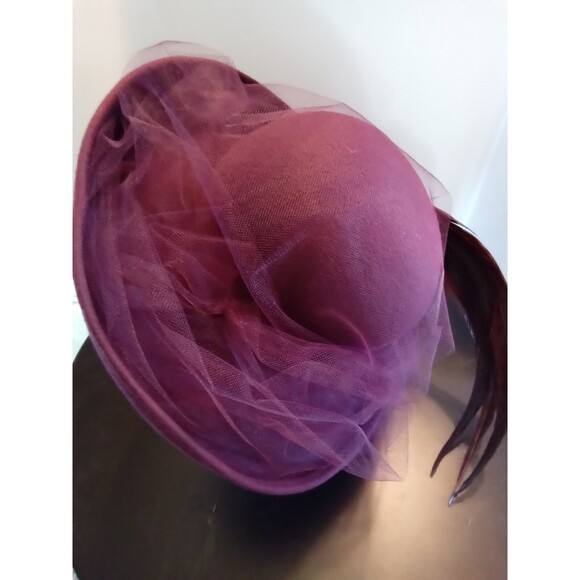 Miss Bierner Michael Howard‎ Burgundy Wool Felt Wide Brim Veiled Feather Hat NWT main image 5